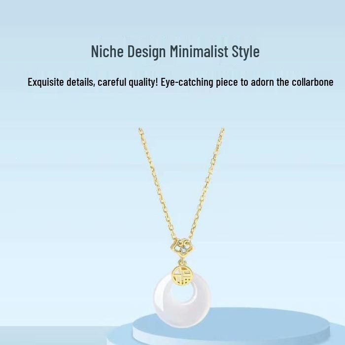925 Sterling Silver Fu Character White Chalcedony Lychee Jelly Necklace for Women - Trendy Korean Style Clavicle Chain