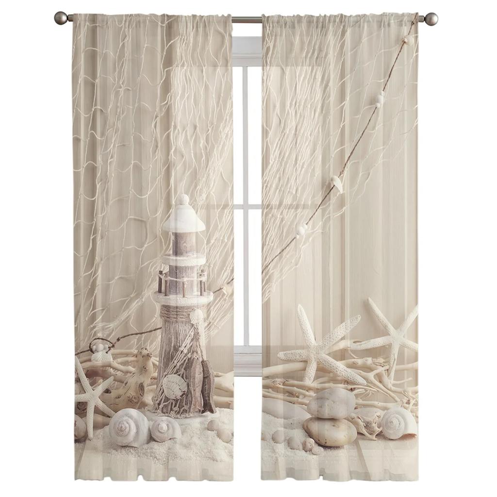 Fishing Net Starfish Lighthouse Beach Wooden Tulle Sheer Window Curtains for Living Room Bedroom Voile Organza Curtains Drapes