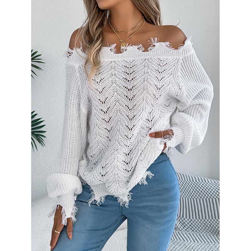 

Autumn Winter Sweaters Women Solid Color Openwork Long Sleeve Ragged Off-the-Shoulder Pullover Sweater S