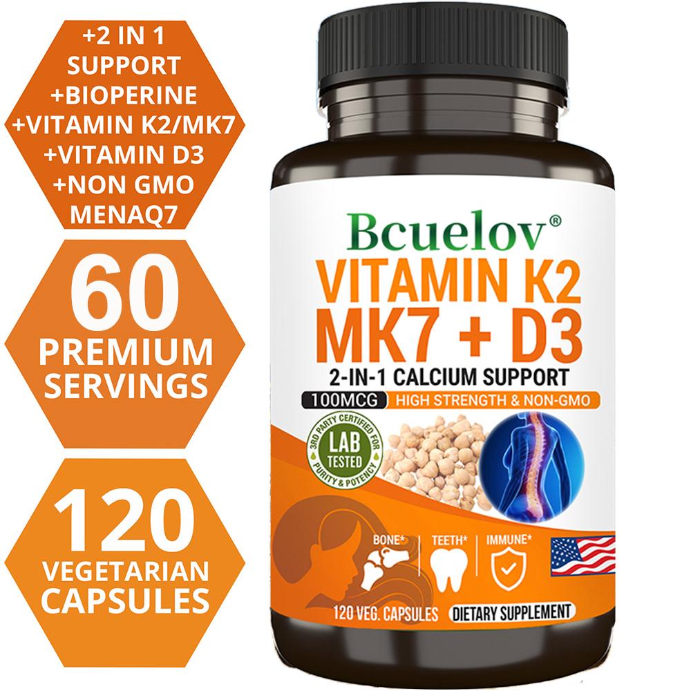 Bcuelov Vitamin K2 MK7+D3 Capsules100mcg K2+25mcg D3 2-in-1 Calcium Absorption Formula Helps with Bone Health