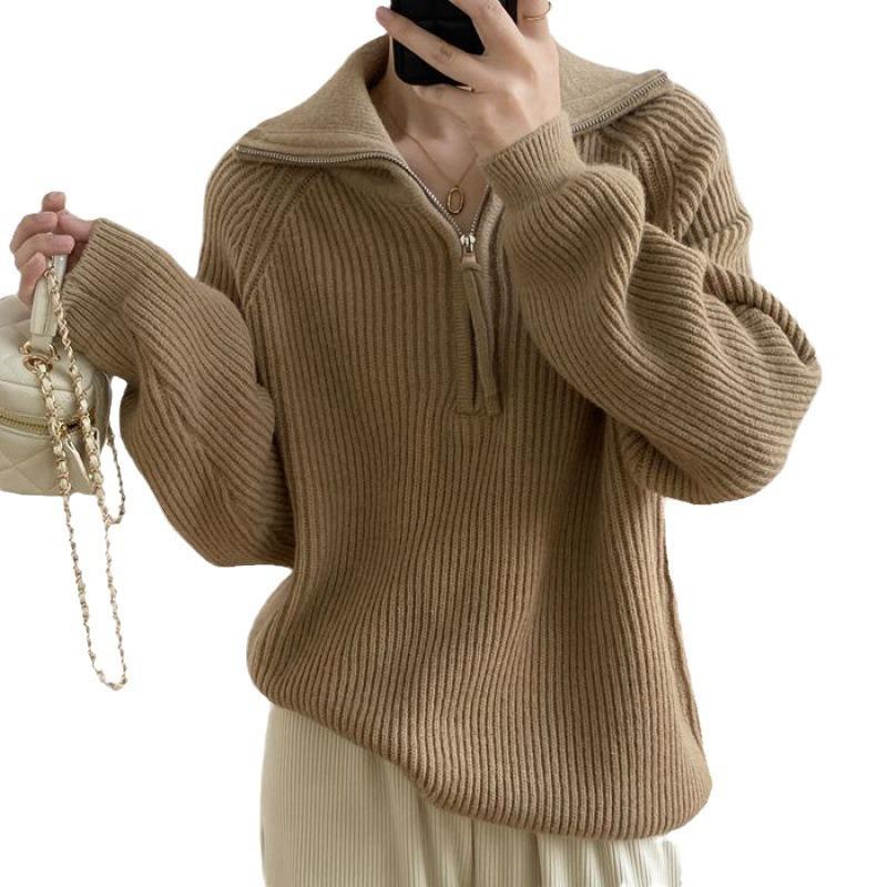 Autumn and winter new gentle solid color half-open lapel pit strip design sense small short knitted pullover sweater women