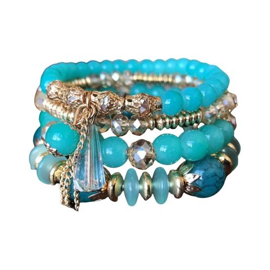 

4 шт. Женские браслеты Искусственный кристалл Гладкий Многоподвесочный Ювелирные изделия Ретро Богемный стиль с эластичным шнуром Многослойный Набор браслетов для ношения стопкой озеро синий