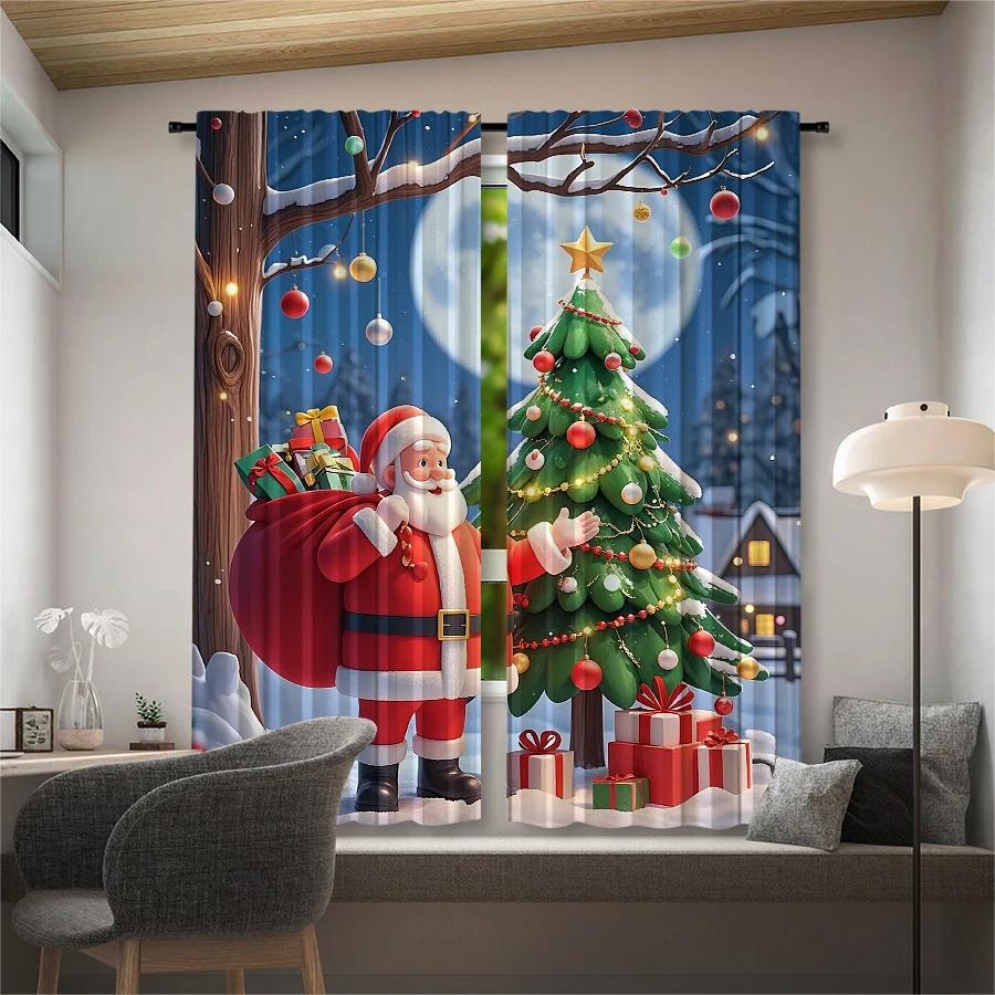 Set Of 2 Christmas Santa Claus Tree Pattern Printed Curtains Decorations Home Room Curtain Polyester Modern
