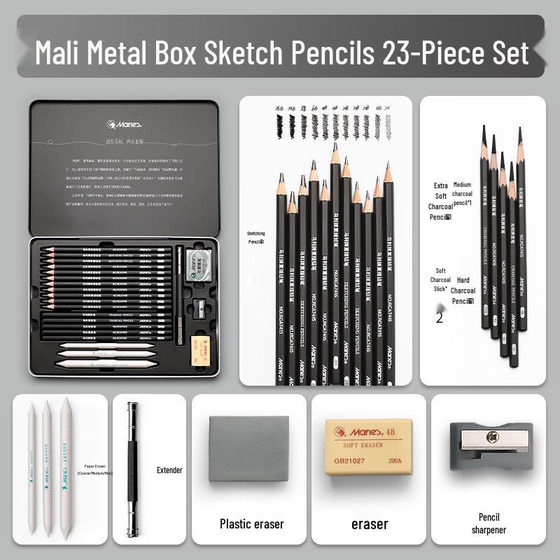 Mali Student Sketching & Drawing Pencil Set: Includes 2B, 4B, 14B soft, medium, hard, and charcoal pencils ideal for art exams.