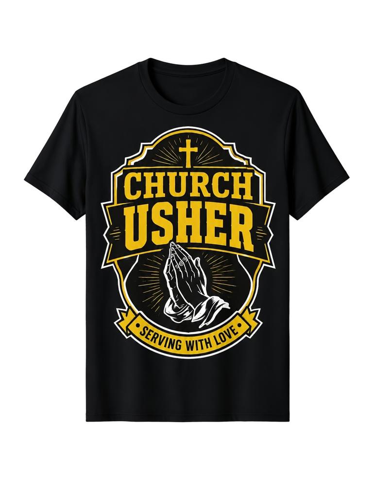 Church Usher Serving with Love Graphic T-Shirt, Religious Ministry Volunteer Appreciation Gift Tee,