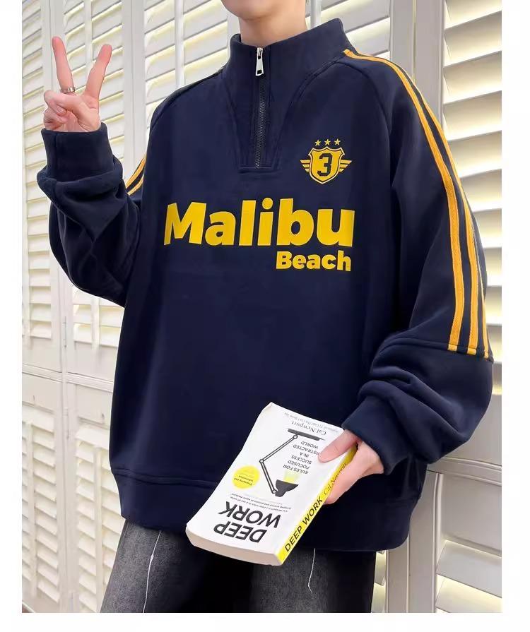 College Style Men's Half-High Collar Hoodie with Velvet Lining - Warm Autumn/Winter Base Layer Pullover