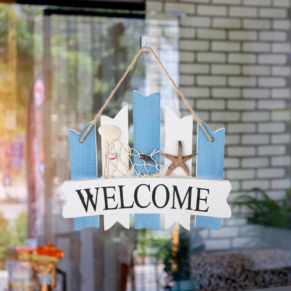 Zerodeko Door Handle Welcome Sign Front Door Hanging Sign Coastal Wall Art Decorative Door Board Farmhouse Welcome Sign Mediterranean Door Sign