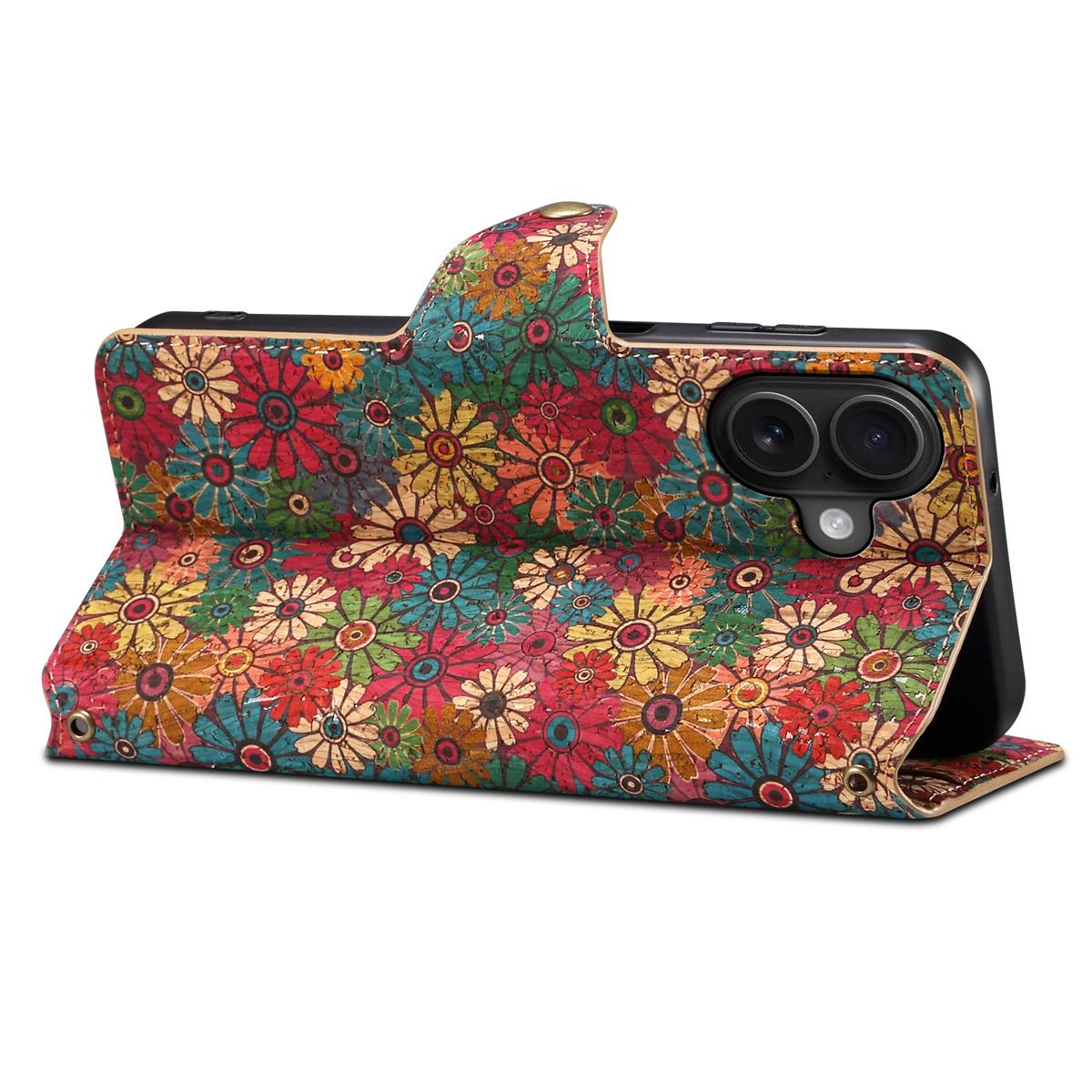 

For iPhone 16 Plus Case Flower Printing Stand PU Leather Protective Phone Cover Spring