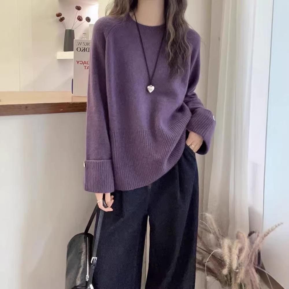 Women's European Style Rose Red Wool Sweater, 2026 Autumn/Winter, Loose Round Neck Knit Base Layer.