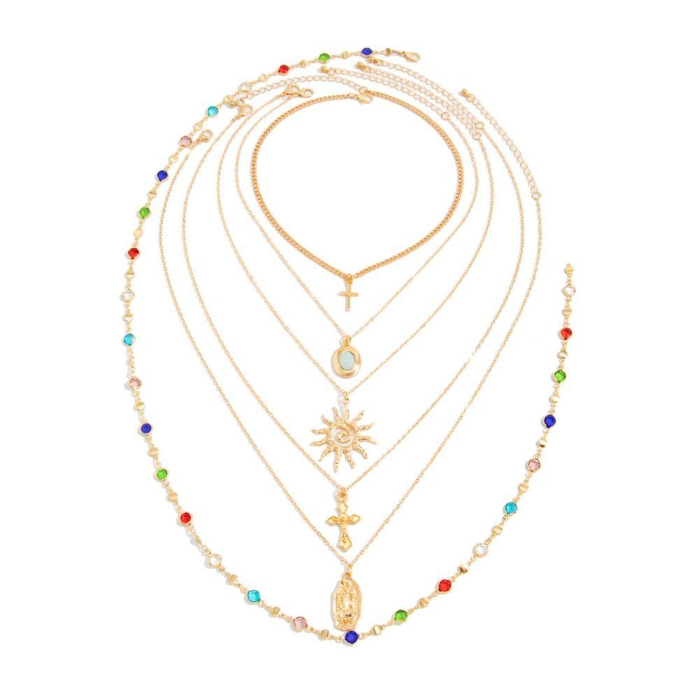 Y-Shaped Colorful Crystal Necklace Set Pearl Bohemian Style Necklace Fashion Gold Jewelry  Vacation