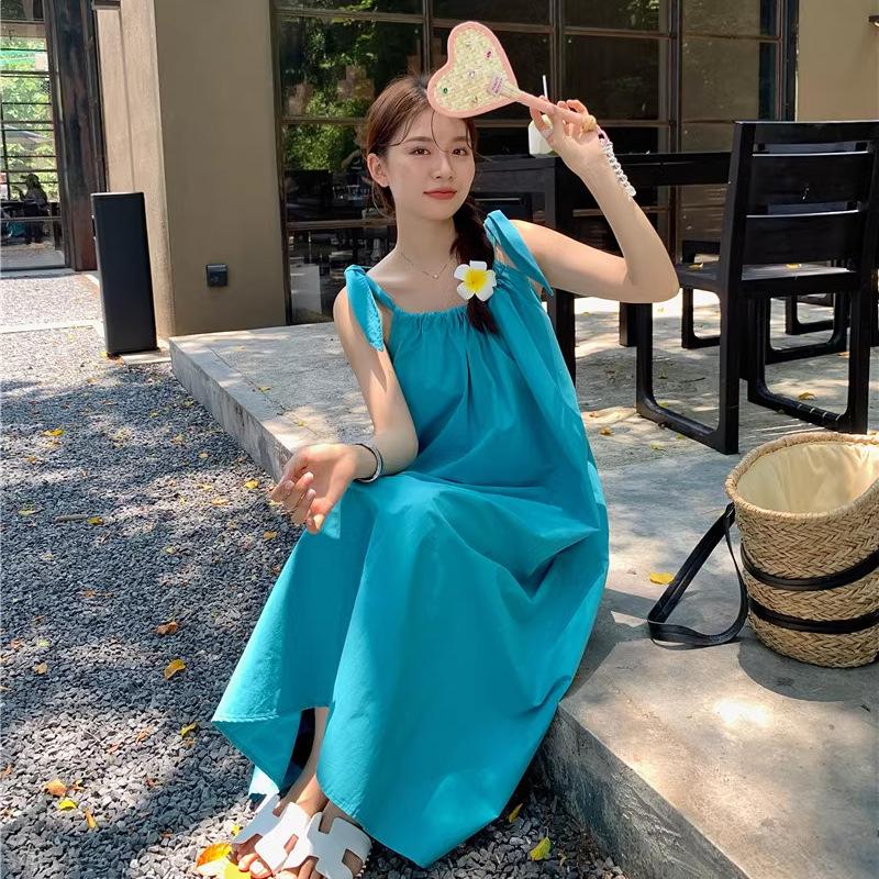 

Holiday style lace-up suspender dress women s summer new loose and thin A-shaped skirt blue medium and long skirt S