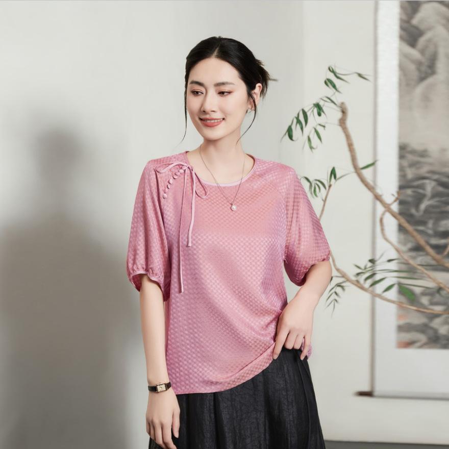 

Шелковая рубашка женская с рукавом средней длины тонкая рубашка лето новая мода жаккардовая рубашка из шелка-тусса M