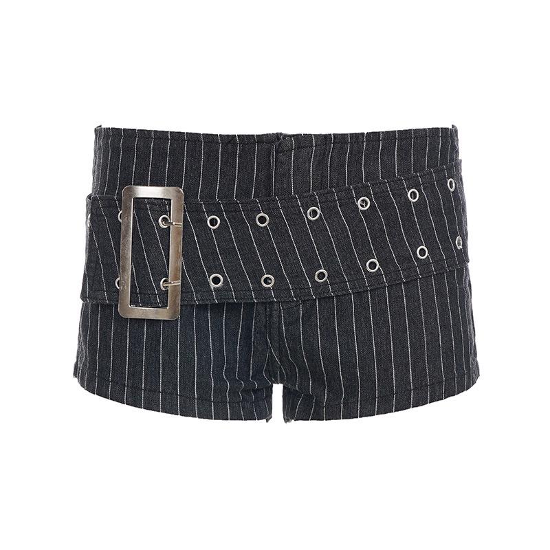 Spring 2026 Grey Striped Denim Shorts - American Spicy Girl Style with Japanese Character Buckle for a Slimming Look. L серый