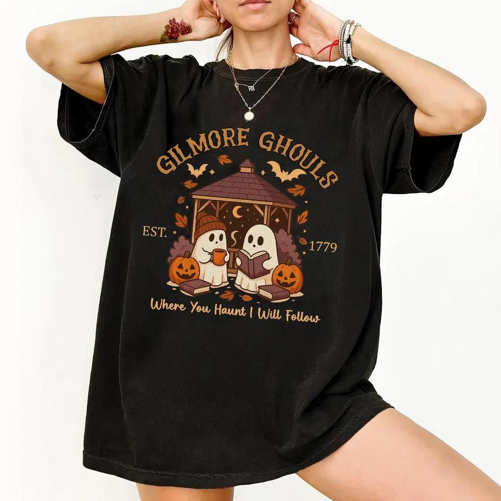 Spooky Ghost Reading Shirt Halloween Black Cat Tee  Cozy Library Pumpkin Shirt Fall Aesthetic TShirt  Witchy Book Lover GifT