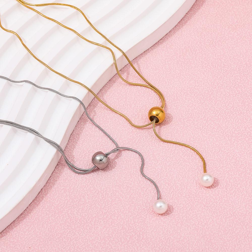 Fenny 18K Gold Plated Elegant Fresh Water Pearl Bead Pendant Sweater Chain Adjustable Stainless Steel Necklace