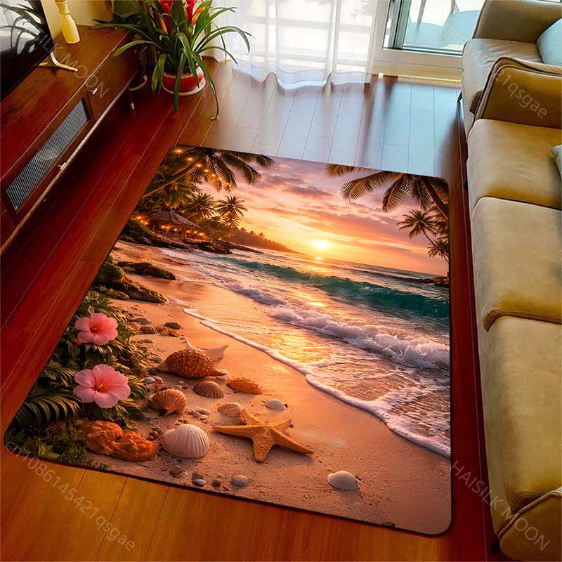 1PC Beach sunset with palm trees Print Carpet Rug for Living Room Bedroom Sofa Doormat Home Decor Non-slip Floor Mat