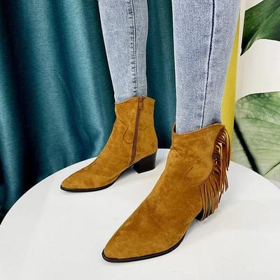 Fashion Shoes Female 2024 Plus Size Ankle Women's Boots Retro Modern Boots Women Fringe Pointed Toe Side Zip Chunky Heels Ladies Shoes