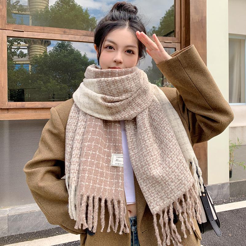 Japanese Korean Style Soft Tassel Color-Block Plaid Scarf Women Men Warm Neck Wrap Atmosphere Shawl