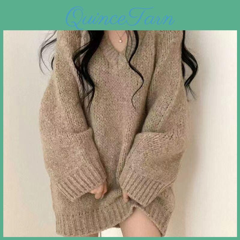 Autumn Long New Sleeve Retro Vneck Loose Pullovers Sweaters Women Winter Fashion Casual Knitted Sweater For Women Lazy Style Mid Length Jumpers 25395