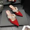 Fashion Elastic Lace Ribbon Band Slippers Woman Patent Leather Pointed Toe Shoes Ladies Gold High Heels Mules Party Dress Sliders Female