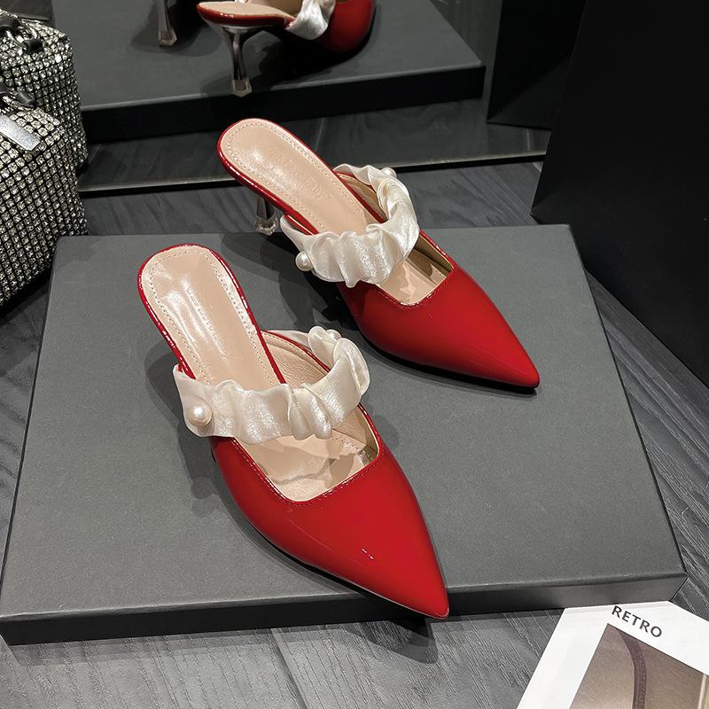 Fashion Elastic Lace Ribbon Band Slippers Woman Patent Leather Pointed Toe Shoes Ladies Gold High Heels Mules Party Dress Sliders Female