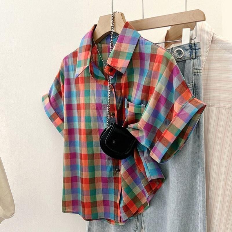 

Lady s Colorful Checker Short Sleeve Shirt Summer Korean Style Loose Casual Shirts Single Breasted Lapel Top with Pocket M