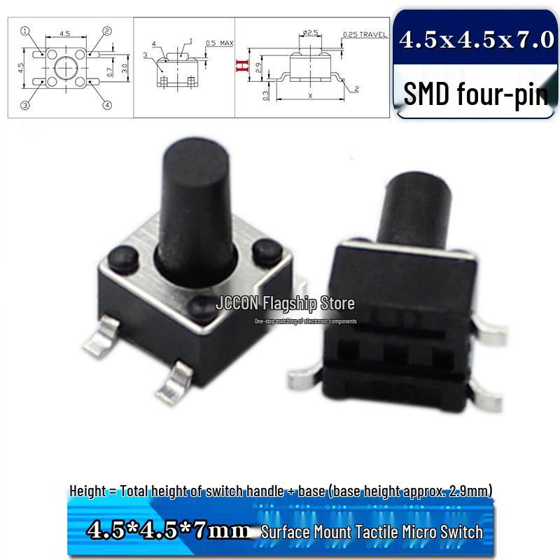 SMD Tactile Micro Switch 4.5x4.5mm, Height Options: 3.8-9mm, Copper Pins