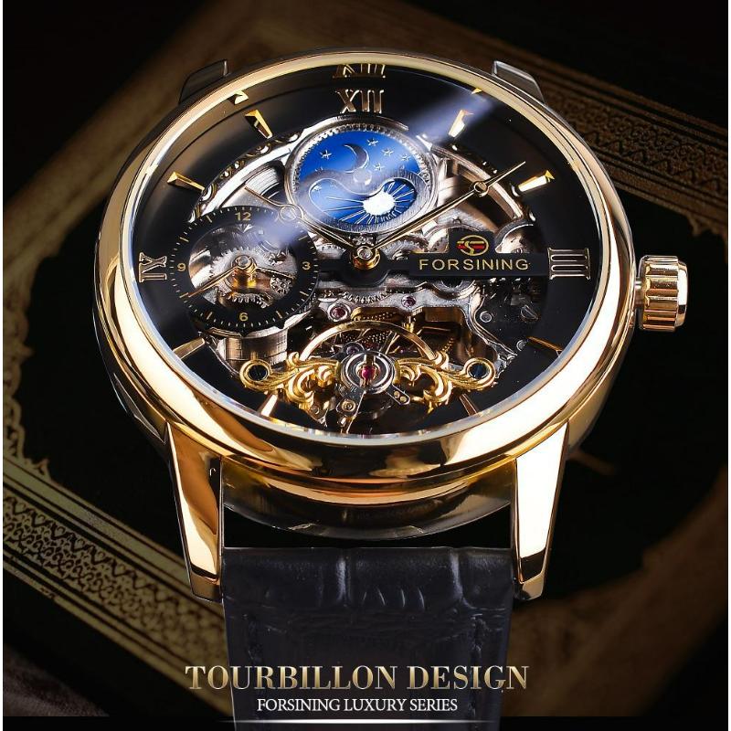 FORSINING Men's Luxury Automatic Mechanical Watch Leather Strap Automatic Tourbillon Hollow Mechanical Watch
