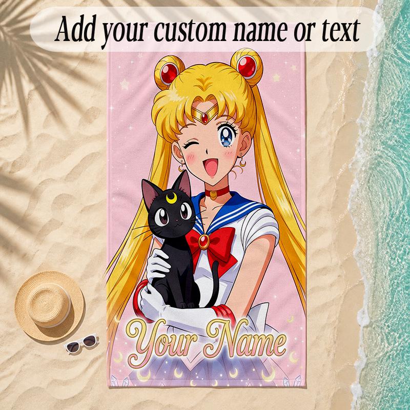 Beach TowelSailor Moon Custom Name Text Personalized Soft Towel for Beach Pool Indoor Home Decor Gift