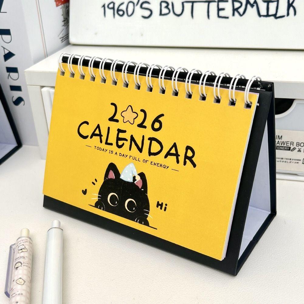 2026 Desk Calendar Coil Portable Mini Calendar Cute Cat Schedule Planner Office School Supplies Cartoon Desktop Decoration
