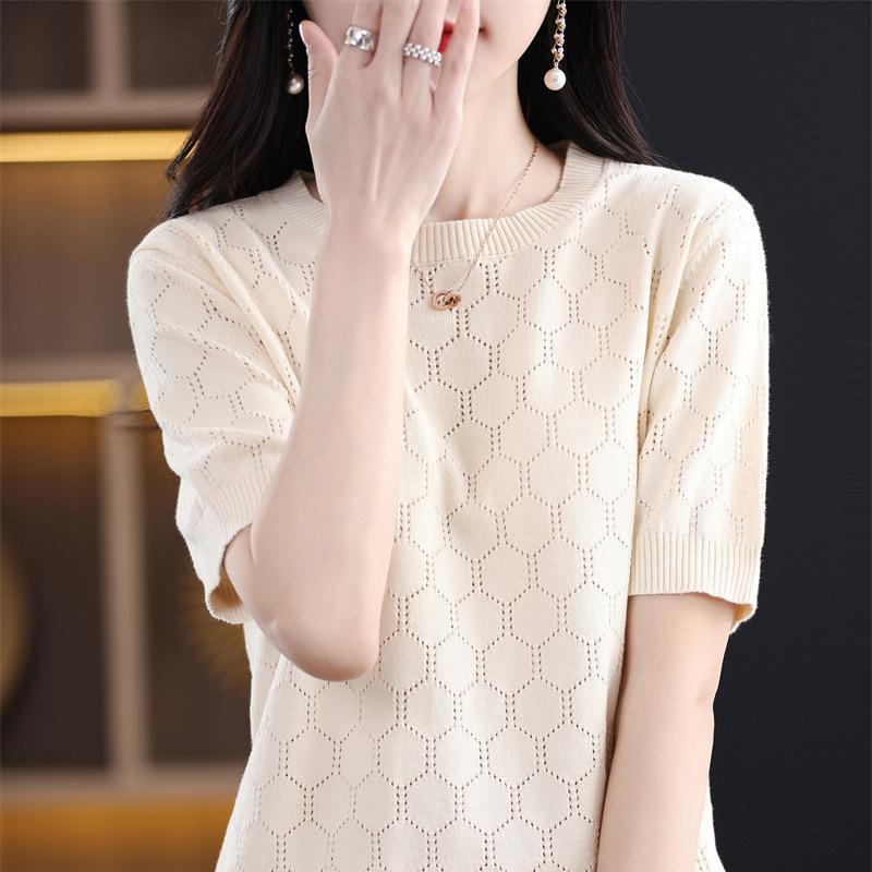 Fashionable Hollow Cotton Knitted Short-sleeved T-shirt for Women In Summer New Round Neck Loose T-shirt Half-sleeved Top