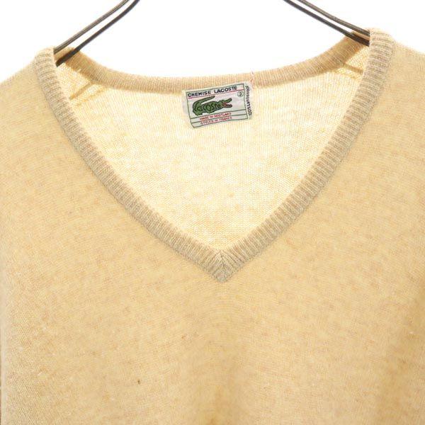 Lacoste 70s Vintage Wool Long Sleeve V Neck Knit 3 Beige Sweater Men's Used