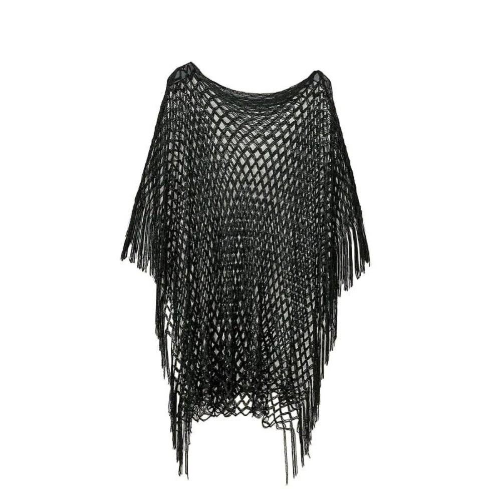 Tassel Sunscreen Cover-up Loose Fit Knit Hollow Out Top Fashion Fishnet Swimsuit Cover Up  Vacation