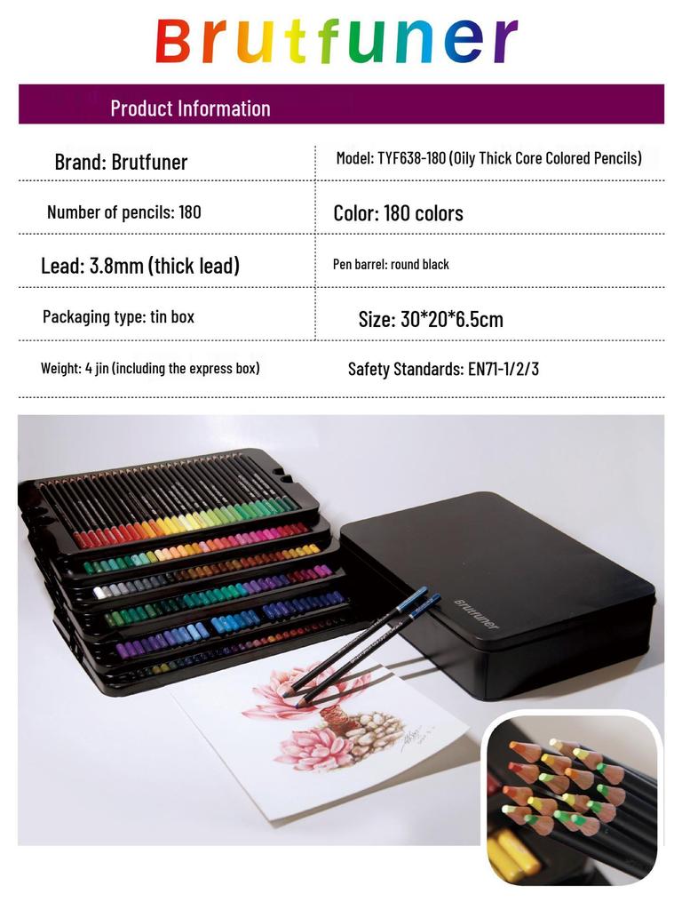 Brutfuner Black Barrel Oil-Based Colored Pencils - Thick Core, Soft, Available In 72, 120, or 180 Colors, In Tin or Paper Box