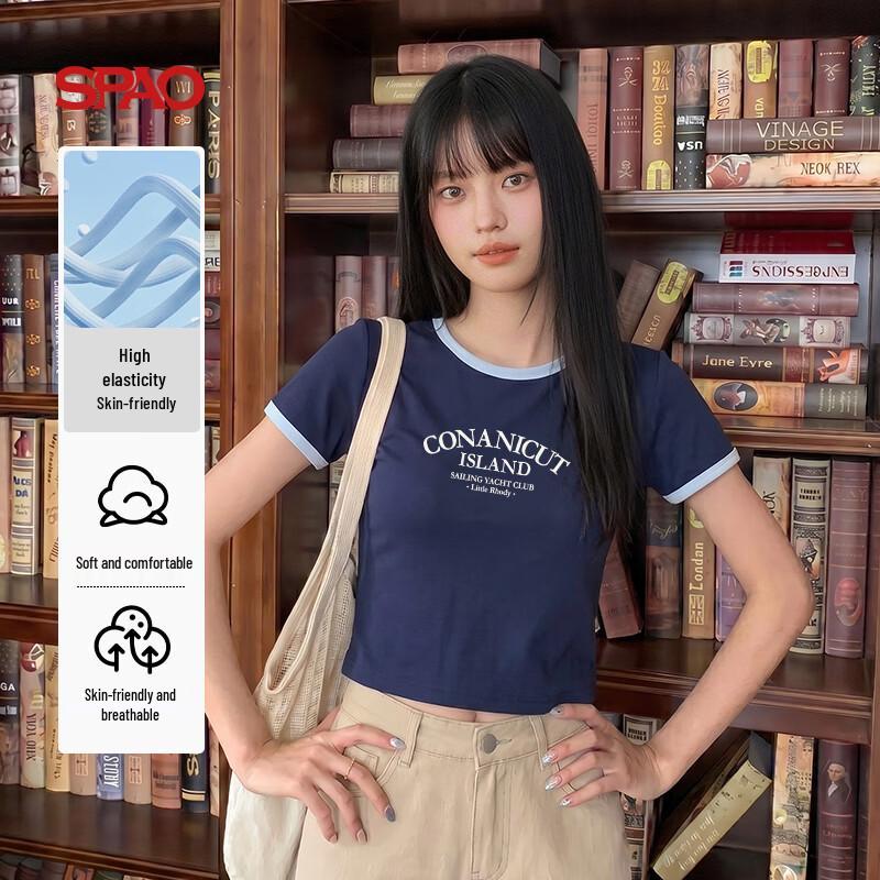 SPAO Women s Retro Letter Print Contrast Short Sleeve T-Shirt L