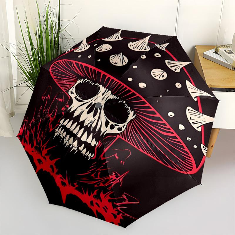 1pc Mushroom Skull Automatic Open/close Leisure Umbrella, 8-Rib Sturdy Structure, Portable Travel Umbrella, Parties, Everyday Use, 11133
