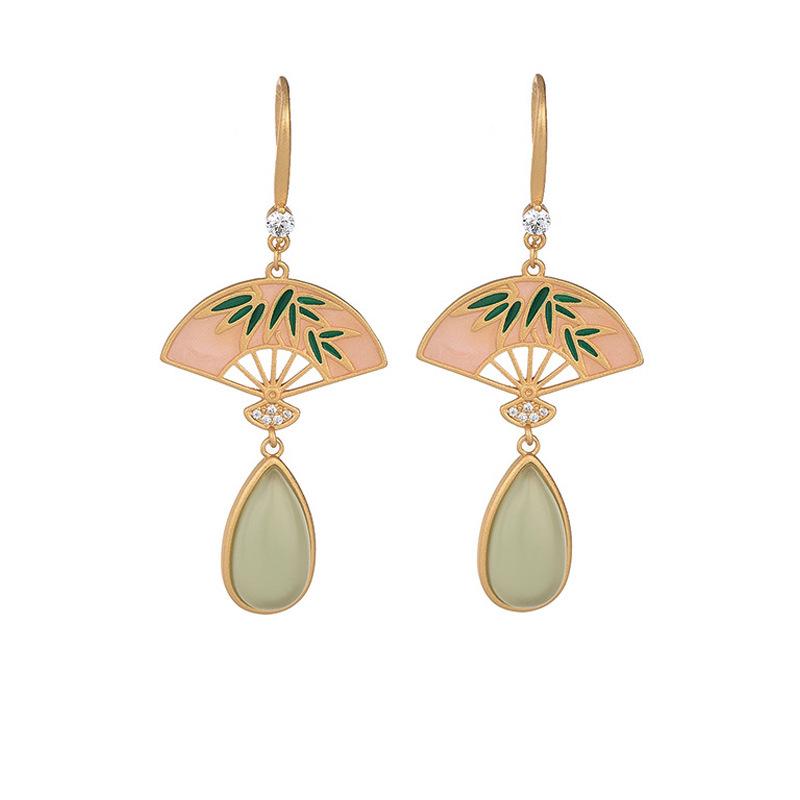 925 Silver Chinese Bamboo Leaf Fan Earrings with Imitation Hetian Jade and Enamel for Girls