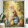 Cute Bunny Shower Curtain, Floral Colorful Eggs Wooden Plank Bowknot Bathroom Decorative Curtain, Waterproof Shower Curtain