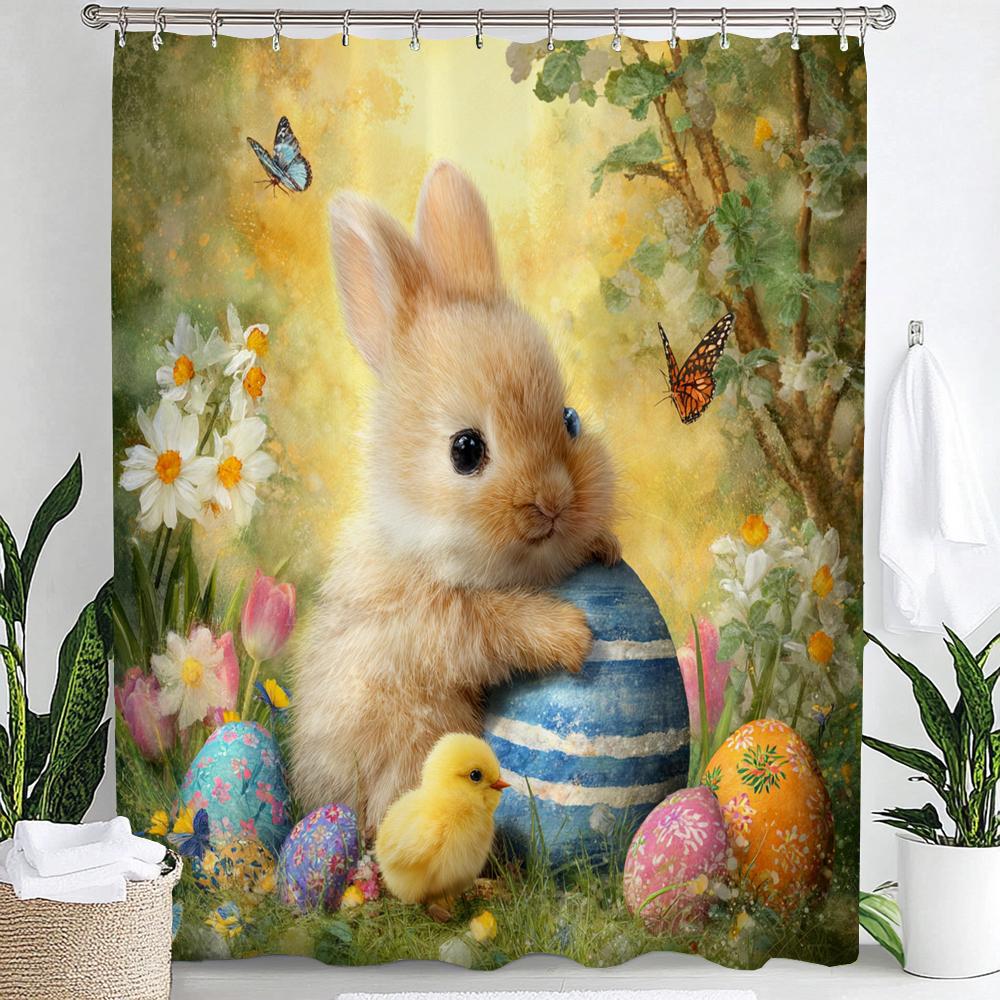 Cute Bunny Shower Curtain, Floral Colorful Eggs Wooden Plank Bowknot Bathroom Decorative Curtain, Waterproof Shower Curtain