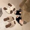Internet celebrity flat bottom fluffy slippers women wear 2025 autumn and winter new high-end one-word drag pregnant women home cotton slippers