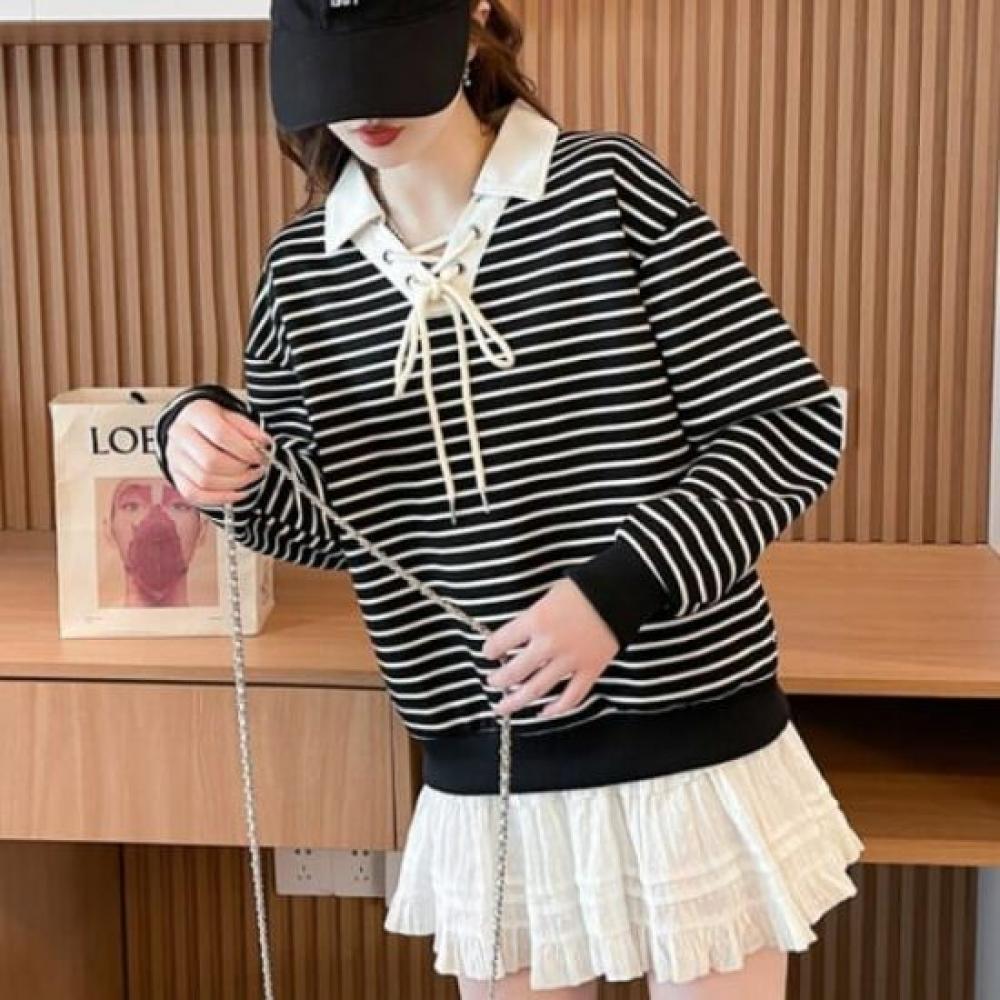 Navava Women S Long Sleeve Ribbon Stripe SweatShirt Nt3040