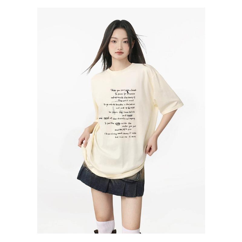 Korean Style Pure Cotton Letter Printed Short-sleeved Women's Summer Loose and Versatile Student Style Trendy Tops and Bottoming Shirts