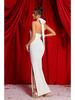 White Ribbon Floral Halter Long Red Evening Dress - European & American Style