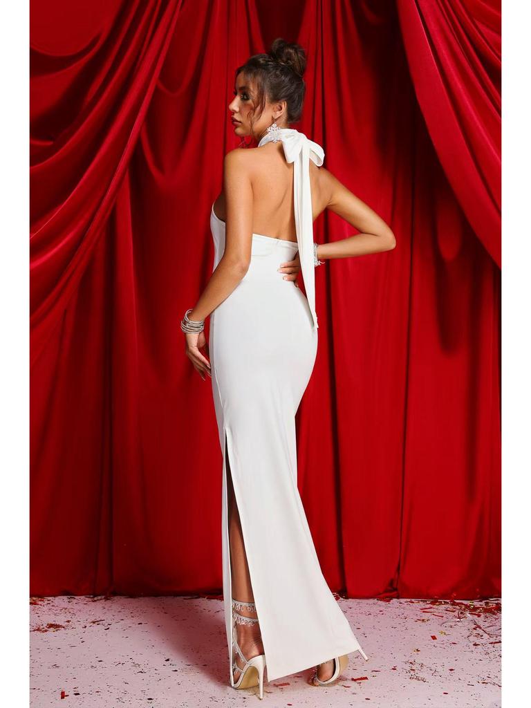 White Ribbon Floral Halter Long Red Evening Dress - European & American Style