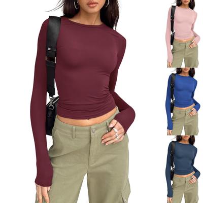 Women's Fashion Solid Colour Round Neck Long Sleeve T-Shirt Top