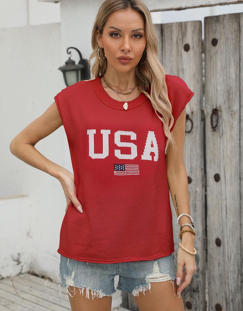 New American Flag Sweater European And American Fashion Round Neck Sleeveless Jacquard Plus Embroidered Top Women'S Factory