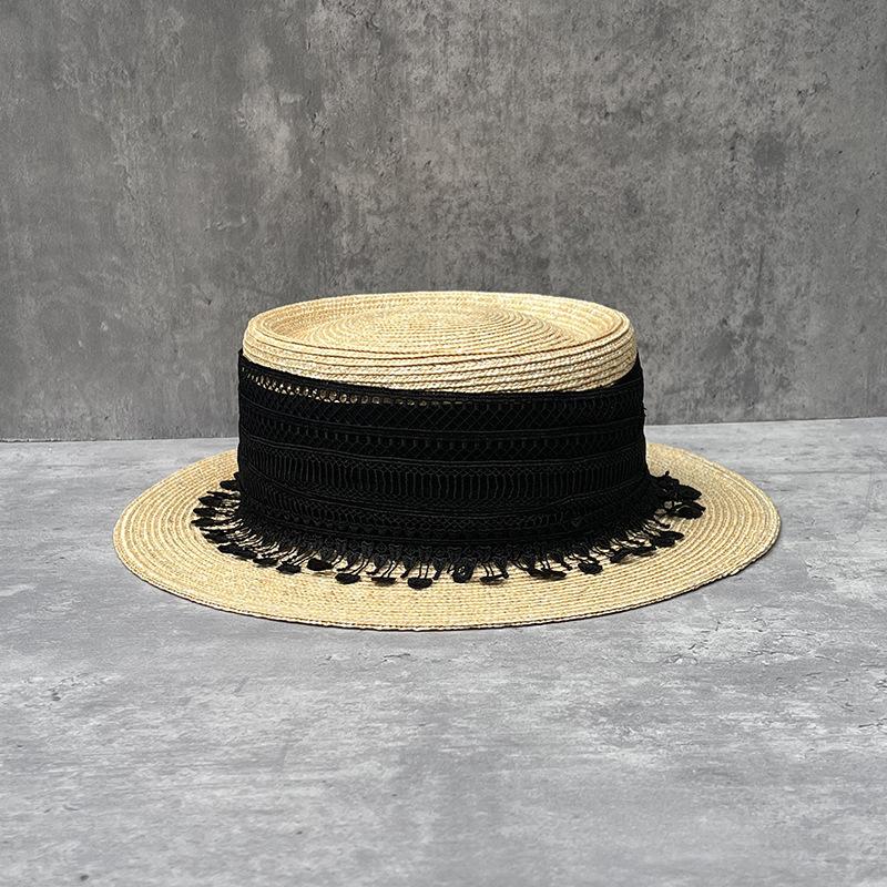 

Light Luxury Fashionable Ancient Lace Fringed Straw Straw Hat Women S Summer Flat Sun Hat Concave Straw Top Hat M（56-58cm）