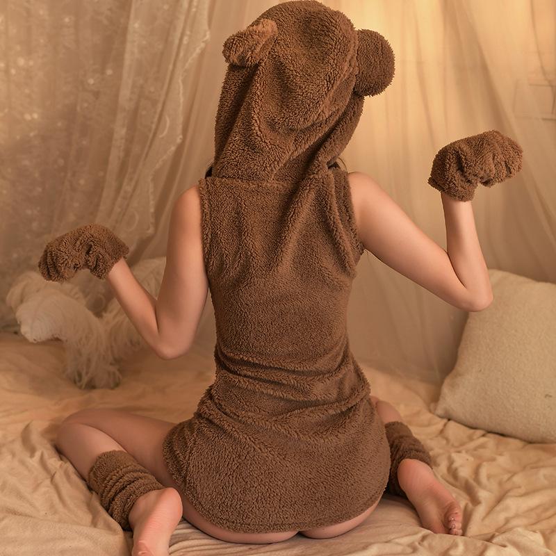 Sexy Plush Hooded Teddy Bear Bodycon Dress - New Year & Christmas Pajama Set