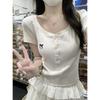 2025 Summer Women's Embroidered V-Neck Button Shoulder Slim-Fit Short-Sleeve Top