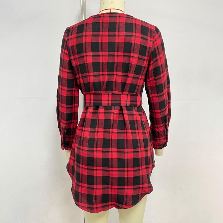 Sommer Damen Kariertes Langarmkleid V-Ausschnitt Hohe Taille A-Linie Schnürung Kurzes Kleid Frühling Mode S-XL